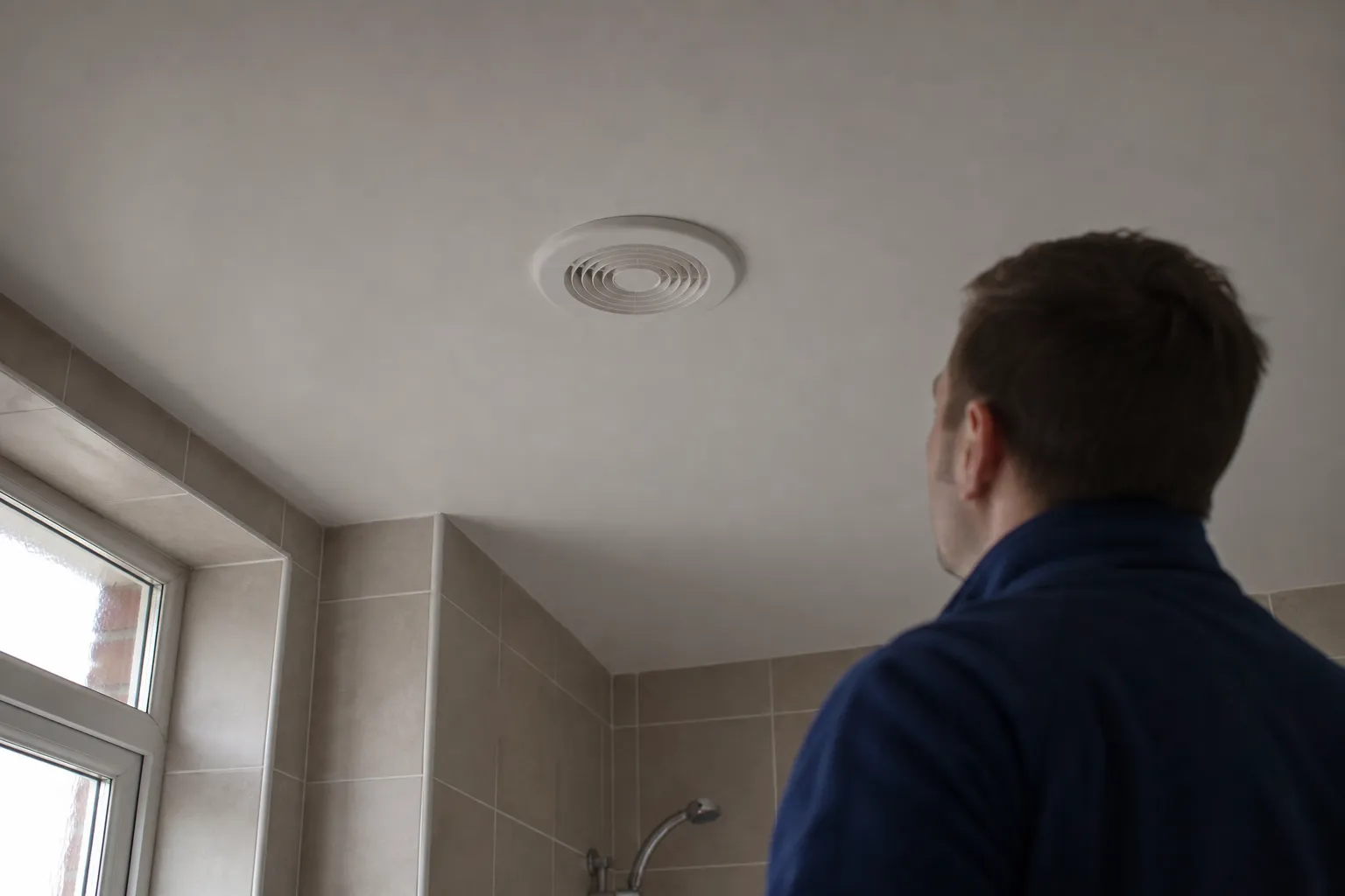 Bouche d’extraction de ventilation mécanique neuve au plafond d’une pièce d’eau, plafond fraîchement peint
