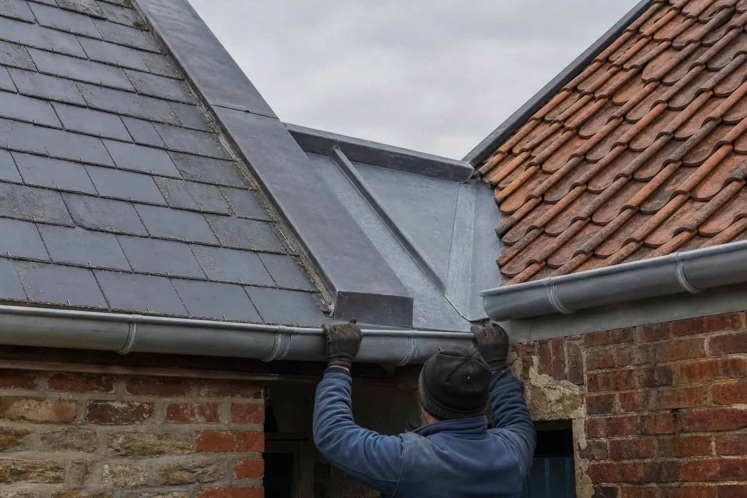 Détail rapproché d’une noue en zinc neuve entre deux versants de toiture, joint debout visible, gouttière pendante en zinc, texture du métal mat, temps couvert