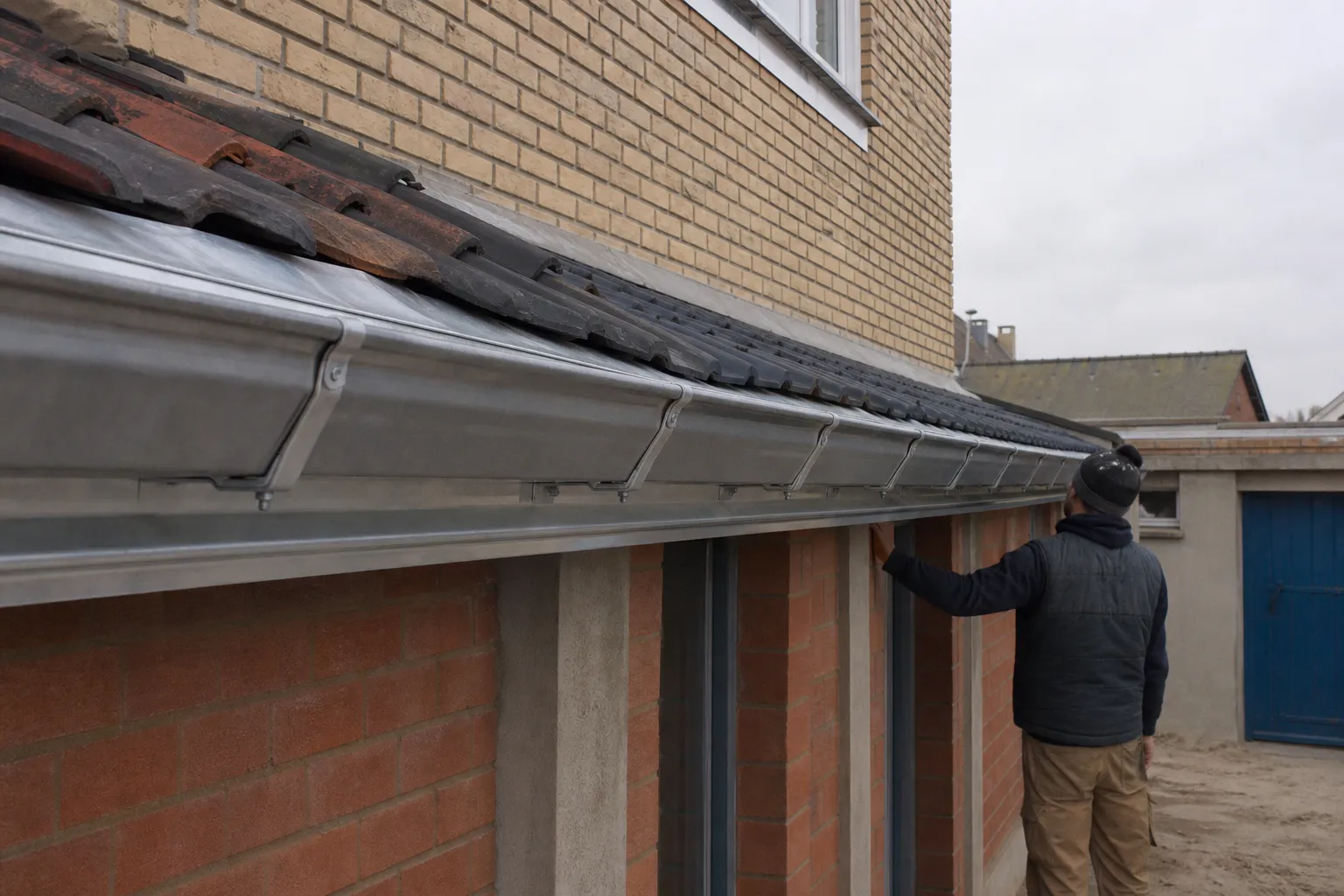 Gouttière en zinc neuve avec crochets apparents le long d’une rive de toiture, mur de brique blonde en arrière-plan