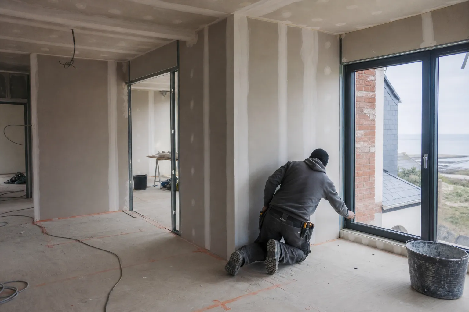 Intérieur de maison en cours de rénovation, cloisons en plaques de plâtre montées sur ossature métallique, bandes à joints fraîchement appliquées, sol protégé, lumière de baladeuse de chantier