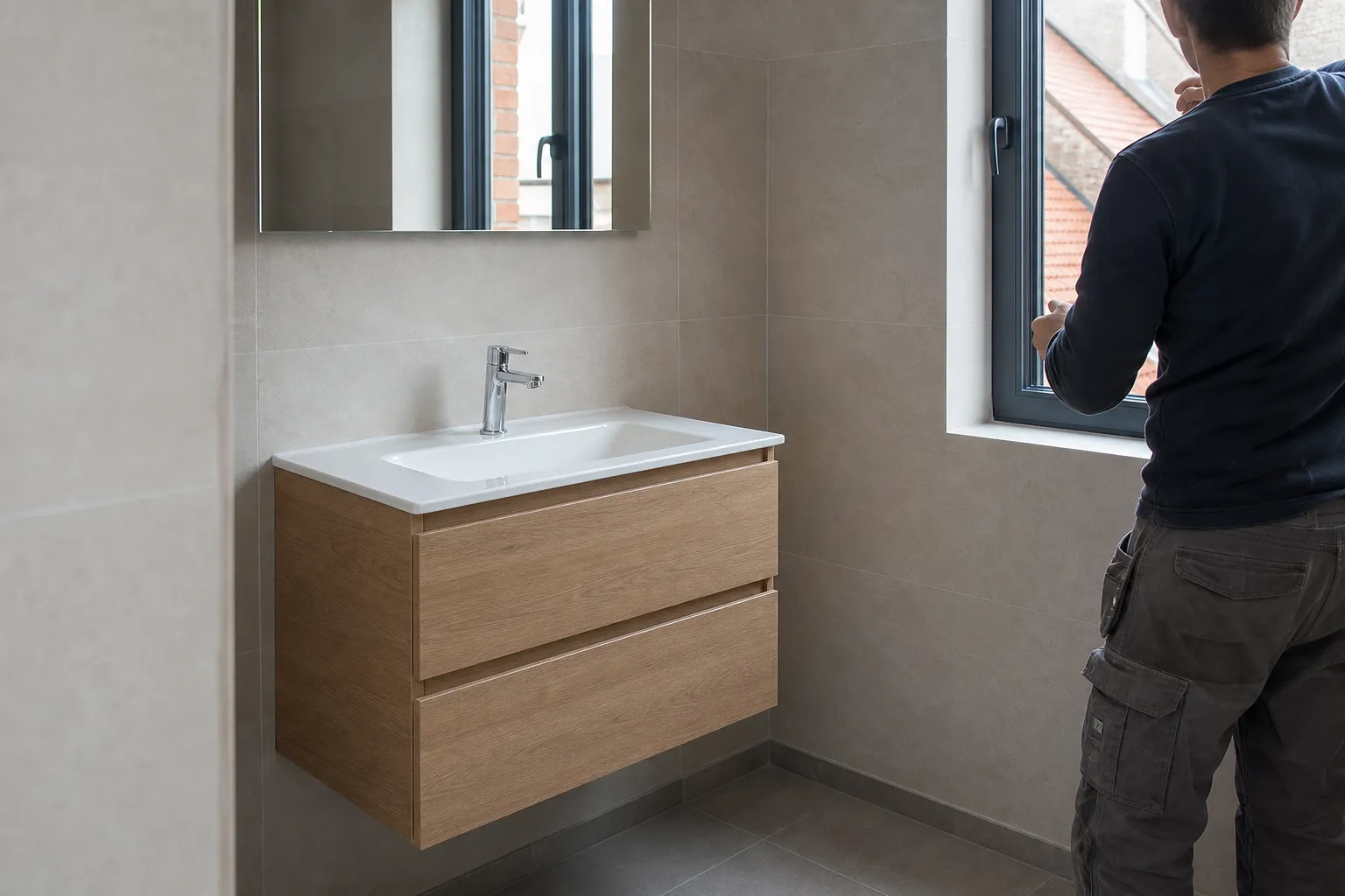 Meuble vasque suspendu et miroir posés en fin de chantier, robinetterie chromée, mur en faïence claire