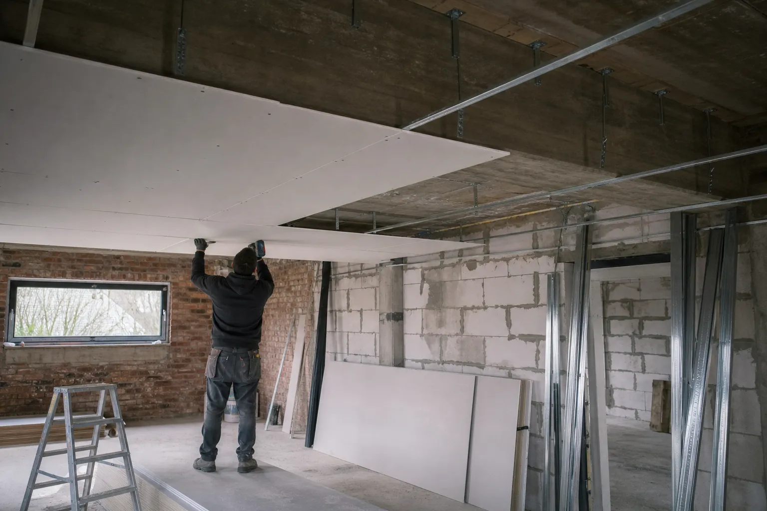Plafond suspendu sur suspentes en cours de pose dans une pièce vide, plaques partiellement vissées