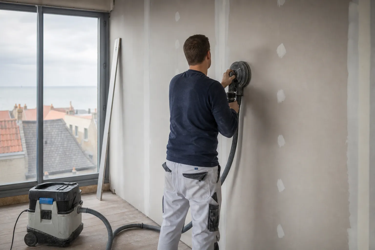 Ponçage de bandes à joints sur une cloison neuve, aspirateur de chantier raccordé à la ponceuse