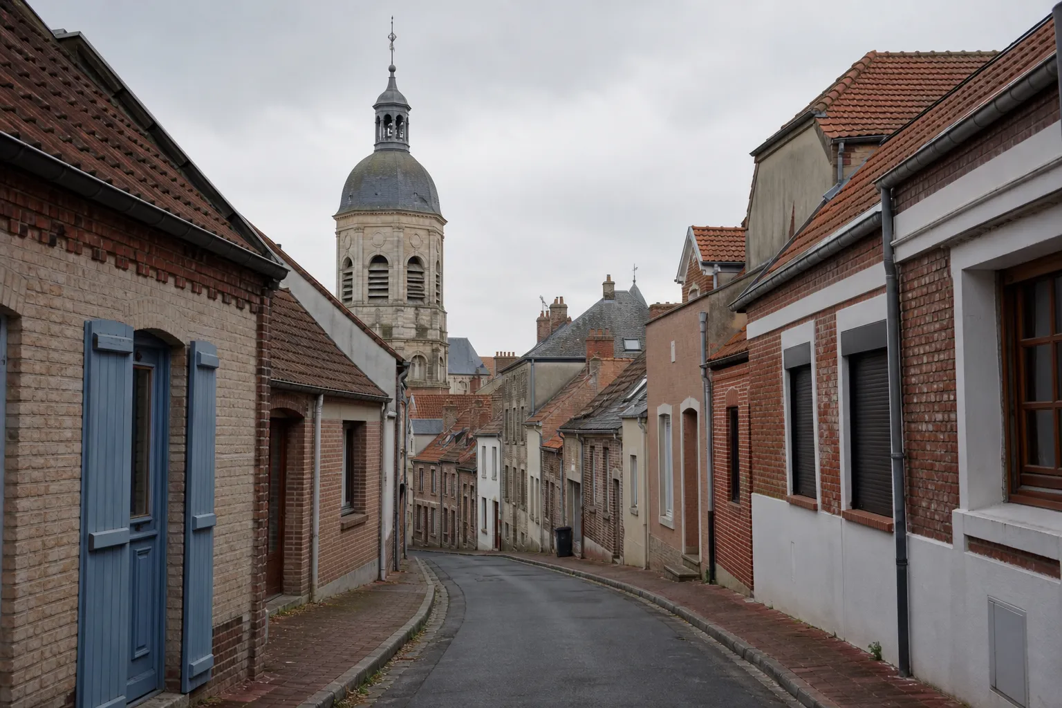 Rue résidentielle d’Ardres dans le Pas-de-Calais, maisons de brique aux toitures en tuile, ciel couvert du littoral, photographie documentaire sans personne
