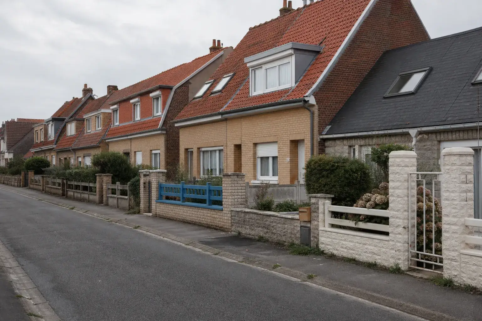 Rue résidentielle de Coquelles dans le Pas-de-Calais, maisons de brique aux toitures en tuile, ciel couvert du littoral, photographie documentaire sans personne