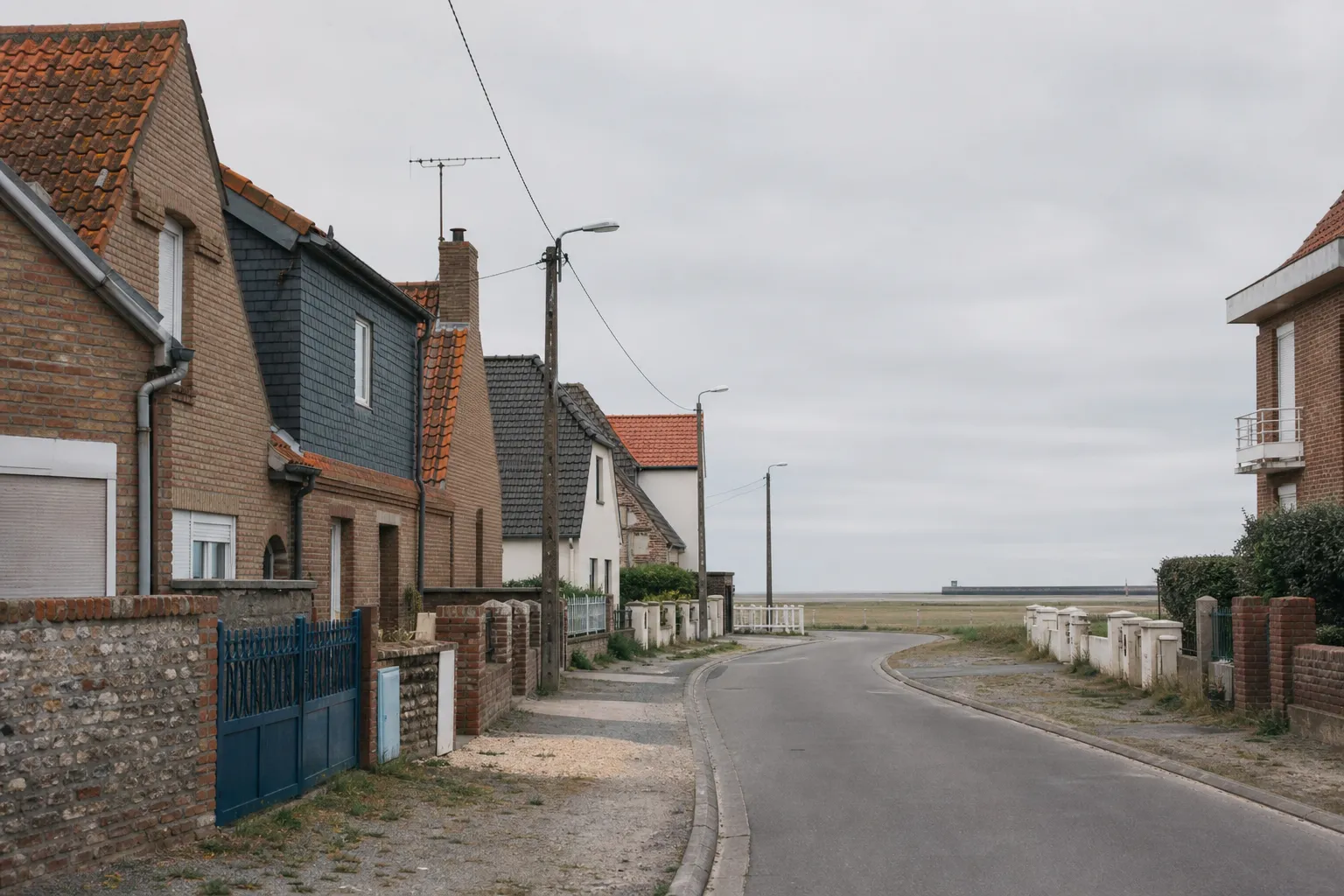 Rue résidentielle d’Oye-Plage dans le Pas-de-Calais, maisons de brique aux toitures en tuile, ciel couvert du littoral, photographie documentaire sans personne