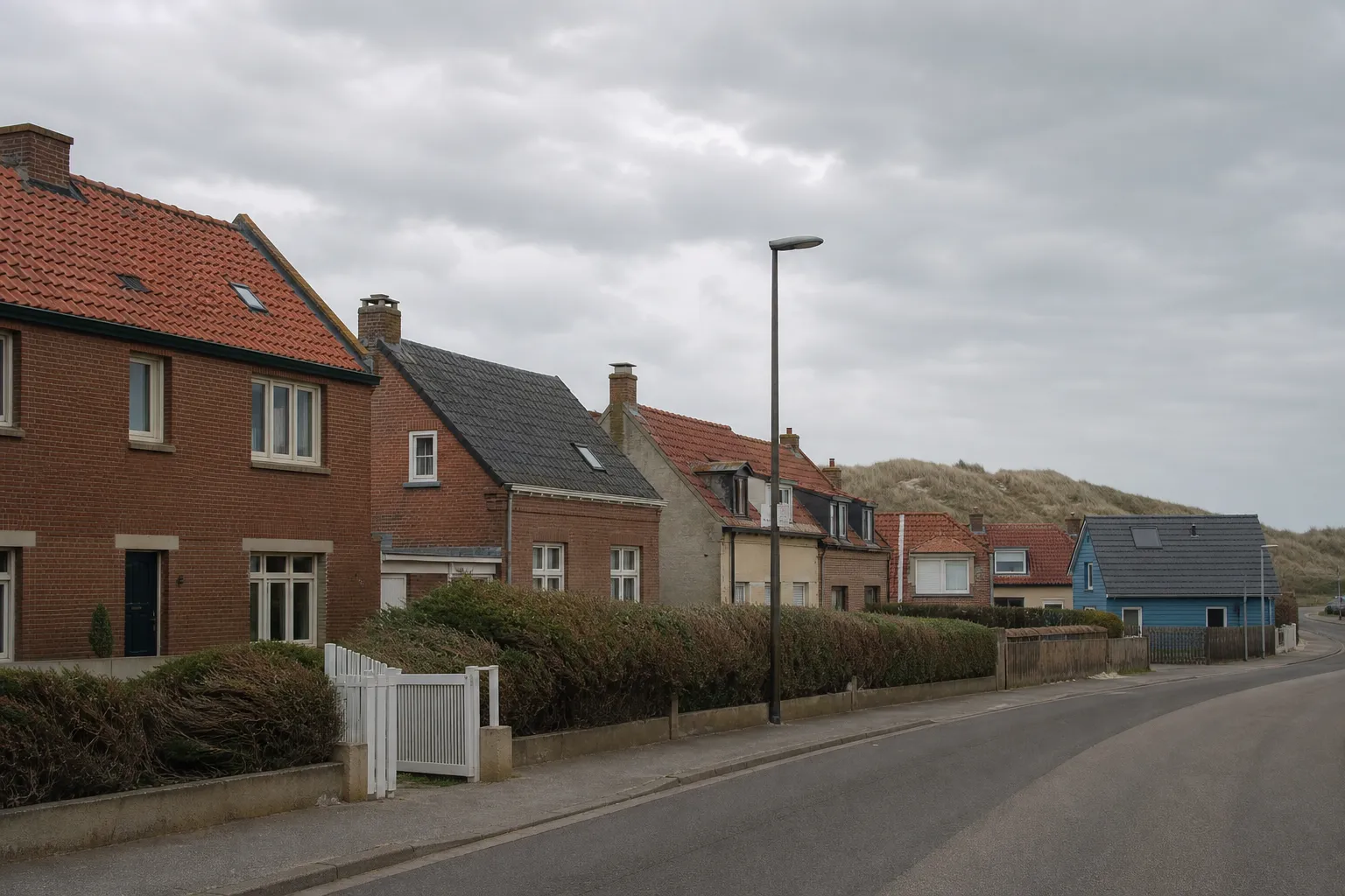 Rue résidentielle de Sangatte dans le Pas-de-Calais, maisons de brique aux toitures en tuile, ciel couvert du littoral, photographie documentaire sans personne