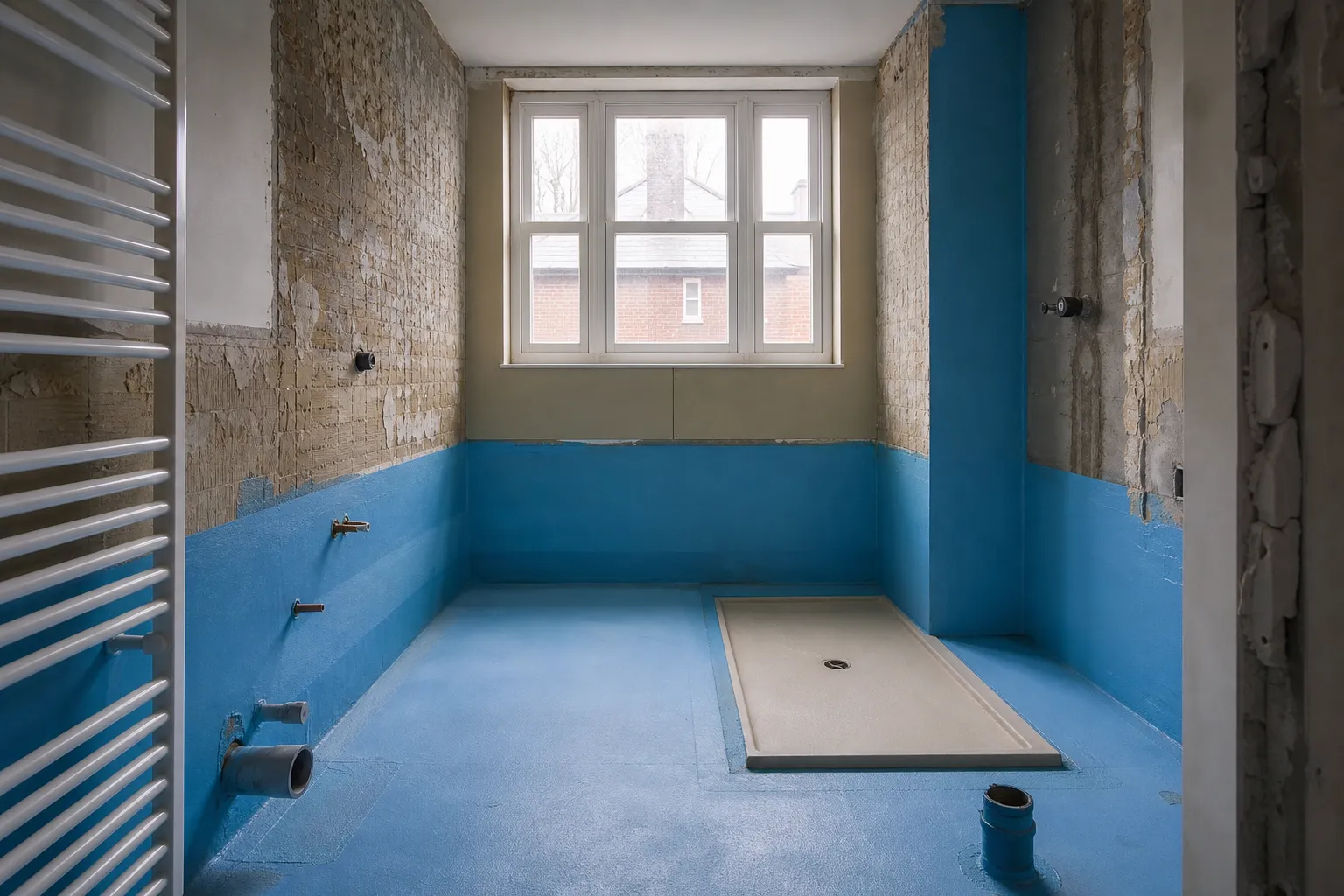 Salle de bain en cours de rénovation, système d’étanchéité sous carrelage appliqué en bleu sur le sol et les bas de murs, receveur en attente, pièce vide