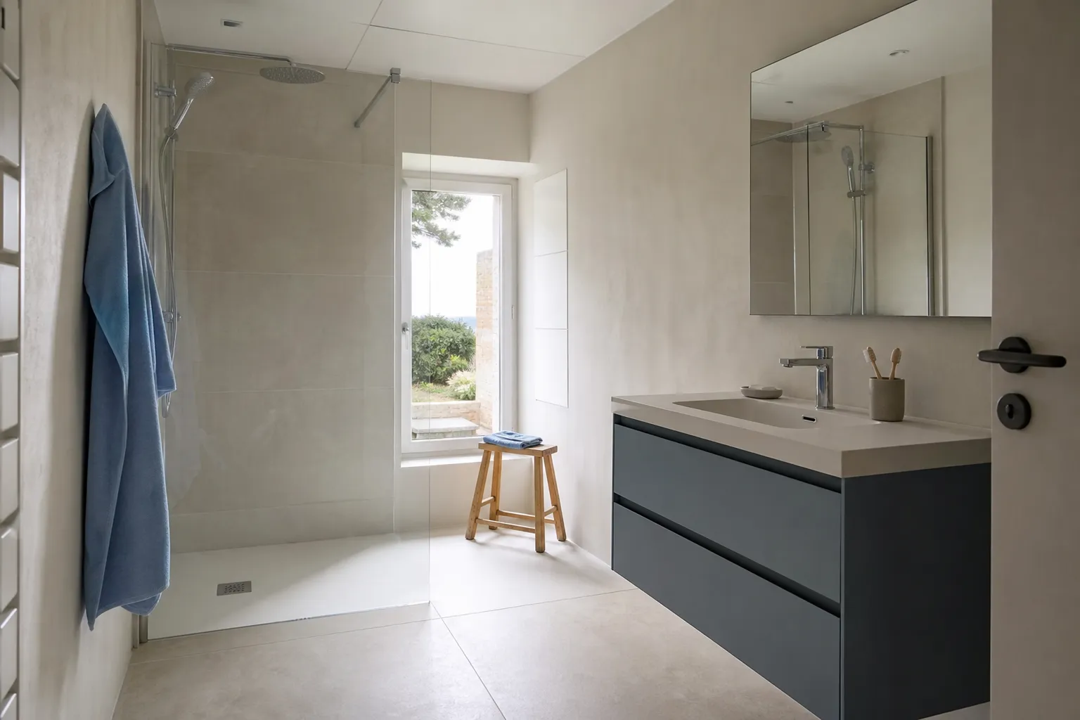 Salle de bain rénovée aux tons clairs, douche de plain-pied avec paroi vitrée, meuble vasque suspendu, carrelage grand format, lumière naturelle latérale, photographie d’intérieur sans personne