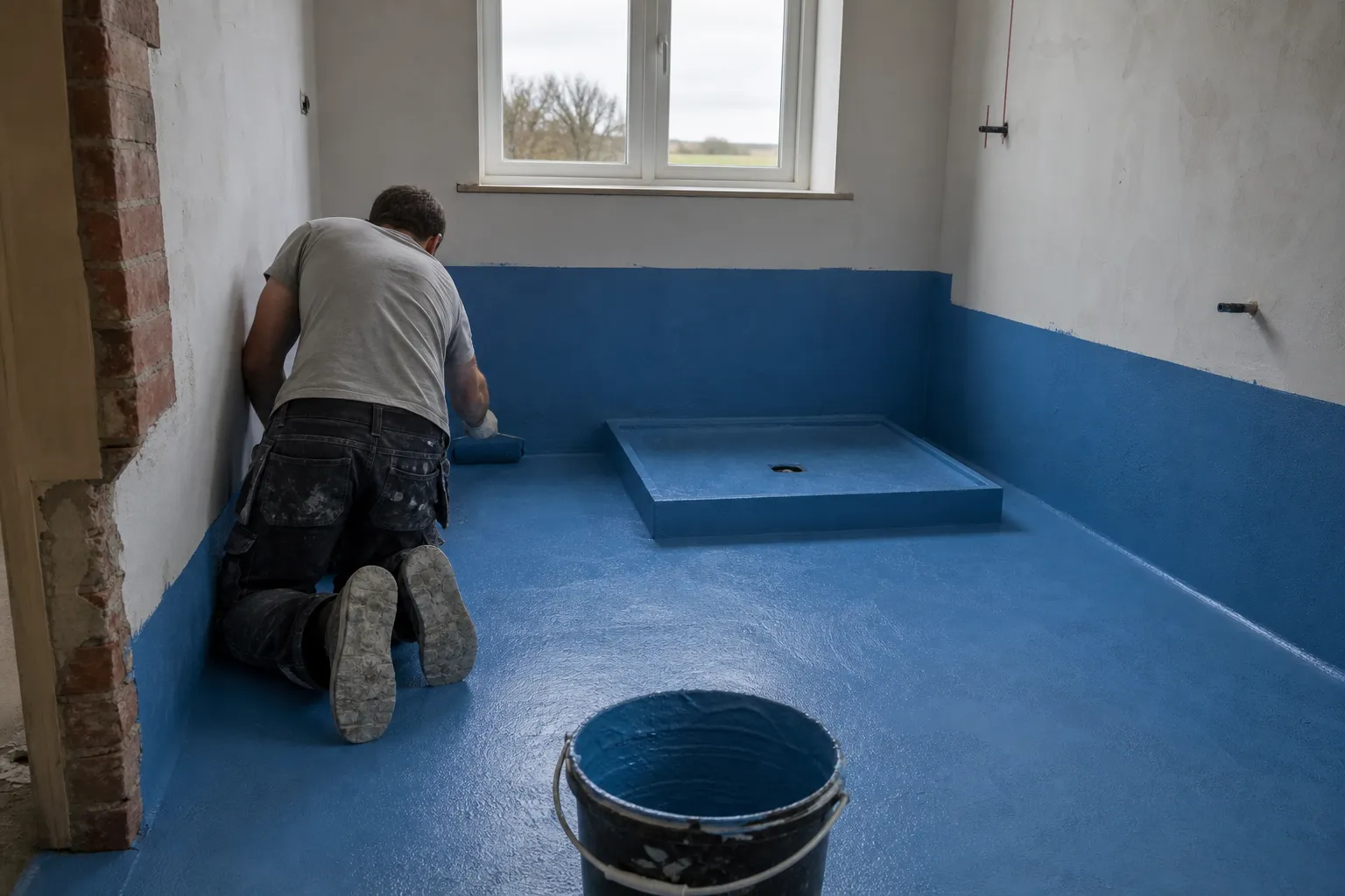 Système d’étanchéité sous carrelage appliqué en bleu sur le sol et les bas de murs d’une salle de bain en chantier, receveur en attente
