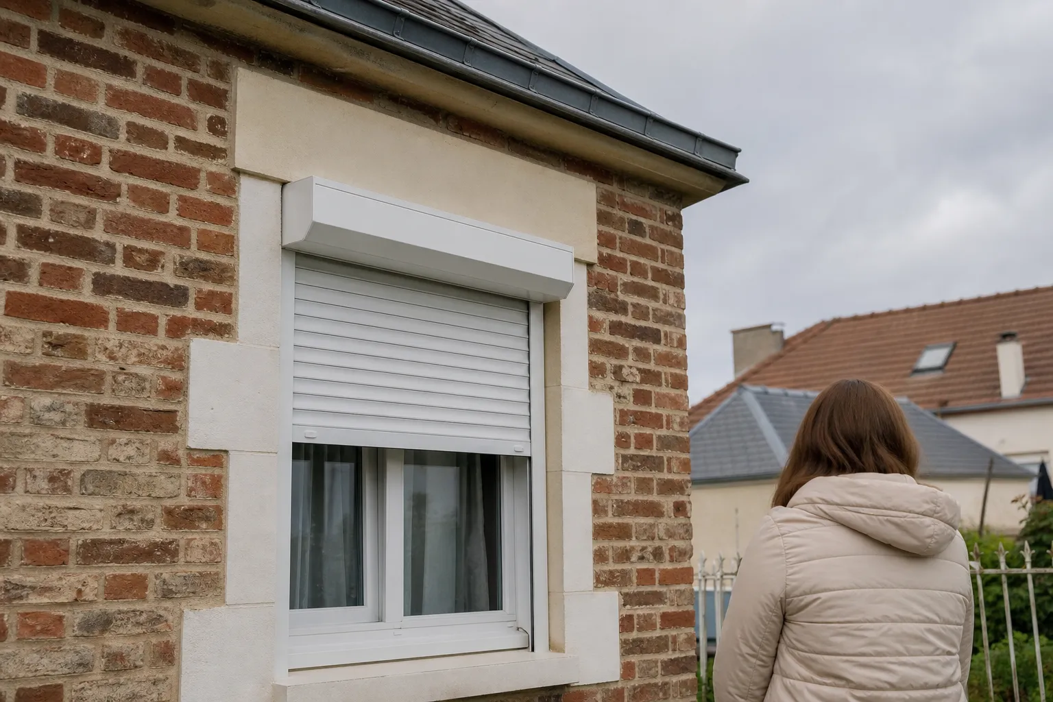 Volet roulant en rénovation avec coffre extérieur posé au-dessus d’une baie, lame terminale visible
